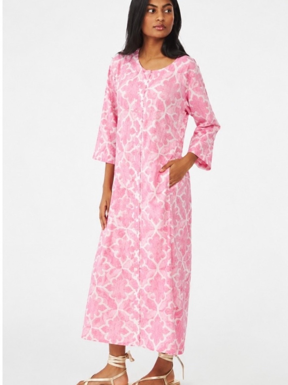Roller Rabbit Pink Trellis Long Kurta Maxi Dress Cotton M NWT